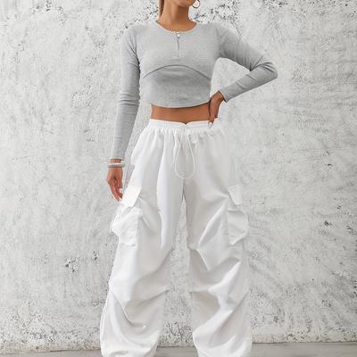 TEMU Women's Fashionable Solid Color Polyester Cargo Pants, 100% Polyester, , Drawstring Waist, Woven, 120g/m², Adult Casual Elegant Trousers Image