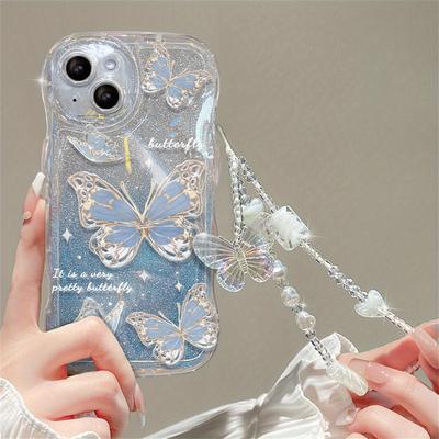 TEMU Luxury Romantic Wave Glitter Soft Phone Case For Iphone 14 12 Pro 13 11 Clear Cover With Chain Lanyard Image