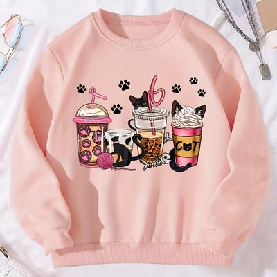 TEMU Cat Beverages Print Girls Halloween Pullover Sweatshirt Trendy Warm Long Sleeve Tops For Youth Kids, Gifts