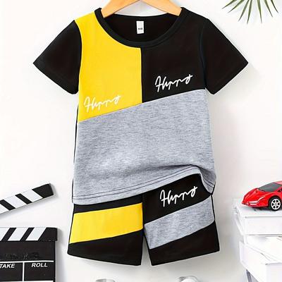 TEMU Summer Men''-piece Set With Spliced Letters And Printed Short Sleeves And Shorts Image