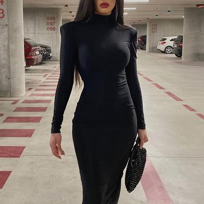 TEMU Long Sleeve Midi Dress, High Neck Slim Casual Dress, Women's Clothing Image