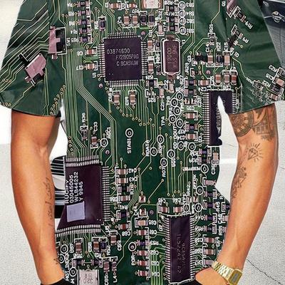 TEMU Circuit Board Print T-shirt, Men's Casual Stretch Round Neck Tee Shirt For Summer Image