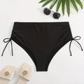 Plus Size Sexy Bikini Bottoms, Women's Plus Plain Drawstring High Stretch Bikini Bottoms