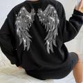 Rhinestone Angel Wings Print Sweatshirt, Casual Long Sleeve Crew Neck Sweatshirt For Fall & Winter, Women's Clothing