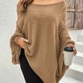 Plus Size Rib Knit Off Shoulder Batwing Sleeve Loose Fit Sweater, Women's Plus High Stretch Casual Sweater