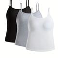 3 Pack Plus Size Sexy Cami Top Set, Women's Plus Solid Round Neck Medium Stretch Slim Fit Cami Top 3 Piece Set