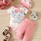 3pcs, Infant Super Cute Elephant Print Bow Short Sleeve Romper Top + Pants + Hat Set, Newborn Baby Girls Lovely Casual Outfits Clothes