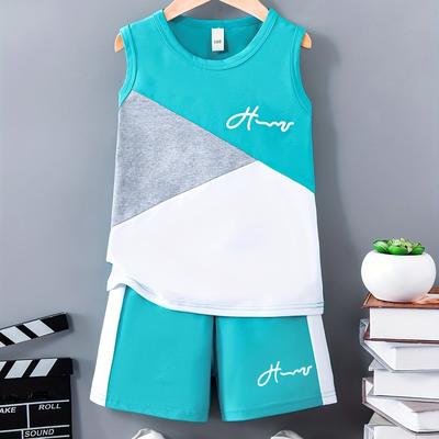TEMU Boys' Summer Casual Outfit Set - Color Block Tank Top & Shorts, Breathable Polyester, Machine Washable, Outdoor Image