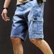 Flap Pockets Cargo Denim Shorts, Men's Casual Multi Pocket Mid Stretch Waist Drawstring Cargo Denim Shorts For Summer Outdoor Jorts