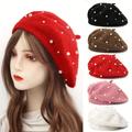 Trendy Faux Pearl Decor Beret Hats Elegant Solid Color Painter Cap Lightweight Warm Berets For Women Girls Autumn & Winter