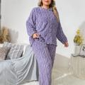 Plus Size Casual Pajamas Set, Women's Plus Solid Textured Long Sleeve Round Neck Warm Flannelette & Joggers Loungewear 2 Piece Set