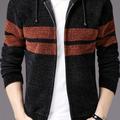 Men's Cardigan Sweater Stripe Pattern Drawstring Hooded Teddy Lined Full Zip Up Cardigan For Fall, Winter, Casual