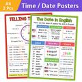 2 Pcs A4 Posters Telling The Time/ The Date English Educational Learning School Posters Classroom Homeschool Supplies Decoration Big Flashcards For Kdis