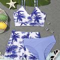 3pcs Girls Bikini Tankini Swimsuit Palm Tree Graphic Cami Top & Triangle Swim Bottoms & Shorts Set Kids Summer Beach Clothes Bathing Suits