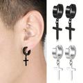2pairs Simple Cross Ear Buckle Earrings, Men's Stainless Steel Ear Clip Earrings