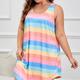 Plus Size Casual Nightdress, Women's Plus Colorful Stripe Print Curve Hem High Stretch Comfort Tank Sleep Dress