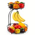 1pc Iron 2-tier Fruit Bowls For Countertop, Fruit Vegetables Basket With Banana Hanger, Metal Storage Holder, Black, 64 Ounces, Kitchen Supplies