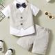Boys Gentleman Outfit Short Sleeve Button Vest Shirt With Bowtie & Shorts Set Kids Clothes