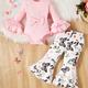 Baby Girl's Long Flared Sleeve Triangle Romper Top + Floral Print Flared Pants Set, Infant Fall Winter Outfit