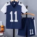 2pcs Boys Breathable #11 V-neck Sports Football Training Outfit, Casual Quick-drying Short Sleeve T-shirt&shorts, Kids Clothing For Summer