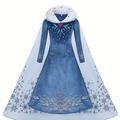 Girl's Princess Dress, Furry Collar Mesh Cape Snowflake Print Long Sleeve Dress, Ice Snow Queen For Halloween Holiday Party Prom Birthday Performance