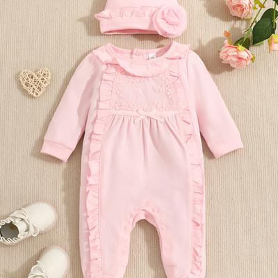 TEMU Baby Girls Pure Cotton Footies Footed Jumpsuit + Hat, Ruffle Long Sleeve Romper Baby Clothes