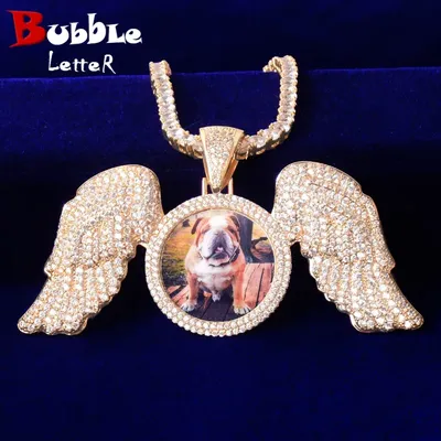 Bubble Letter Solid Back Wing Down Circle Picture Photo Pendant Micro Pave Charm Men's Hip Hop Rock