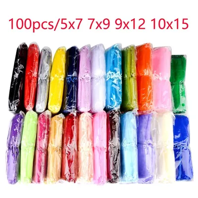 100pcs/lot Wholesale Organza Bags 5*7 7*9 9*12 10*15cm Drawable Wedding Packaging Gift Bag Party