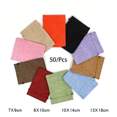 50Pcs/Lot Drawstring Natural Burlap Bag Jute Gift Bags Multi Size Jewelry Packaging Wedding Bags