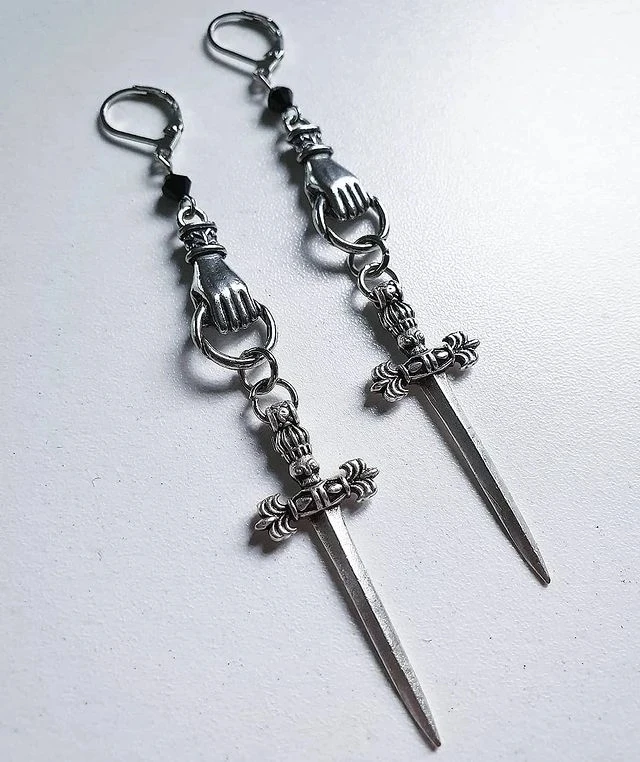 Hand or Moon Sword Earrings - Sword Earrings - Crescent Moon Earrings - Mystic Jewelry - Weird Earrings - Goth Earrings