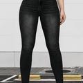 Pantalon En Denim Extensible Noir Uni, Jeans Skinny À Poches Slash Taille Haute, Jeans Et Vêtements En Denim Pour Femmes