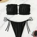 Haut de soutien-gorge froncé Double cordon de serrage bandeau cravate côté taille haute maillot de bain bikini deux pièces, maillots de bain pour femmes