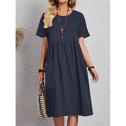 Femmes Rose Claire bleu marine Marron Été Printemps Robe Midi Robes inspirées du lin Robe en coton et lin Robe trapèze Occasionnel Quotidien Week-end Coupe Ample Uni Col ras du cou