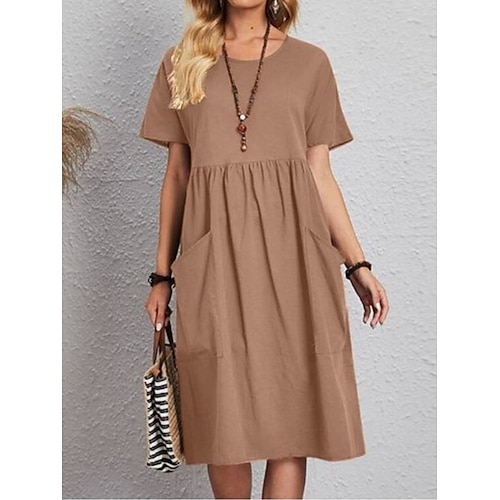Damen Midikleid Baumwoll Mischung Shiftkleid Baumwoll-Sommerkleid Lässig Täglich Wochenende Lässiger Schnitt Einfach Kurzarm Rundhalsausschnitt Rosa Marineblau Braun Kaki Sommer Frühling Image
