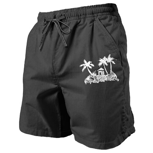 Kokosnussbaum-Shorts für Herren aus Baumwolle und Leinen, Sommer-Shorts, Hawaii-Shorts, Strandshorts, bedruckt, Kordelzug, elastische Taille, atmungsaktiv, weich, 20 % Leinen, Shorts für den Alltag, Image