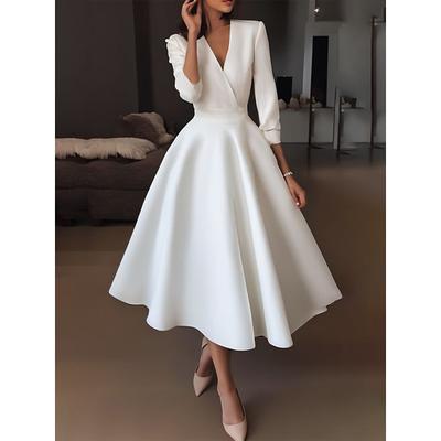 Wedding Dresses A-Line V Neck Half Sleeve Tea Length Satin Bridal Gowns With Draping 2025