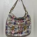 Coach Bags | Coach Pastel Madras Plaid Fabric Handbag/Purse With Leather Trim/Gold Hardware | Color: Blue/Cream | Size: 14 X 12