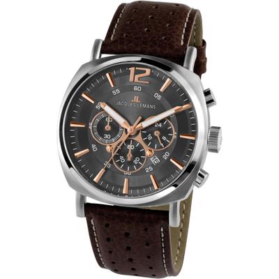 Chronograph JACQUES LEMANS "Lugano", braun (braun, grau), Armbanduhren, Herren, Quarzuhr, Armbanduhr, Herrenuhr, Datum, Stoppfunktion, Lederarmband Image