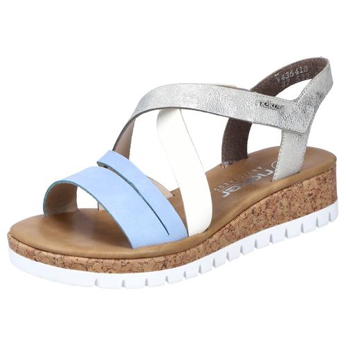 Keilsandalette RIEKER Gr. 40, blau (hellblau-offwhite-silberfarben) Damen Schuhe Plateau, Sommerschuh, Riemchensandale mit Metallic, G-Weite