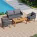 4 Pieces Patio Conversation Set with Soft Loveseat & 2 Chairs Outdoor Acacia Wood Sofa Furniture for Backyard Garden-Metal Frame