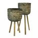 basket shape bamboo planters on flared wooden stand, rustic brown, set of two