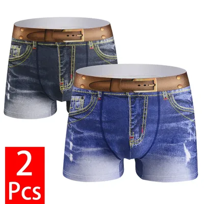 2 Teile/los Männer Denim Unterwäsche 3D Sexy Boxer Jeans Stil Shorts Drucken Baumwolle Atmungsaktive Image
