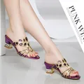 Nuovi sandali da donna tacco spesso intarsiato con sandali in pelle con diamanti Bling Sexy scarpe