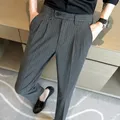 Pantalon décontracté à rayures pour hommes coupe slim longueur de rinçage droit élastique mode