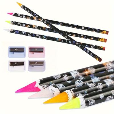 TEMU 4pcs Diamond Painting Pen Rhinestone Picker Pencil Nail Point Drill Pen Self Adhesive Resin Picker Dotting Wax Pencil Gem Pick Up Tools For Nail Art Diy Decoration With Pencil Sharpener Image