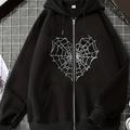 Heart Web Print Zip Hoodie, Veste À Capuche Thermique À Fermeture Éclair À Manches Longues Avec Poche, Veste À Capuche Streetwear