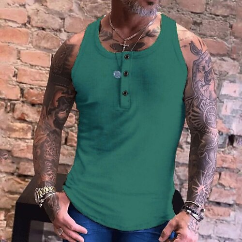 Herren Tank Top Weste Unterhemd Ärmelloses Shirt Ärmellos Rundhalsausschnitt Sommer Einfach Mode Streetwear Muskel Button-Down Sport Outdoor Athleisure Fitnessstudio Weiß Blau Grün Top T-Shirt für Image