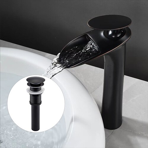 Wasserfall-Waschbecken-Mischbatterie hoch, Mono-Waschbecken Einhebelmischer Deck montiert, Waschraum mit Warm- und Kaltschlauch Monoblock-Gefäß Wasserhahn aus Messing Image