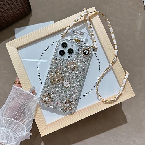 Handy Hülle Handyhüllen Für iPhone 16 15 14 Pro Max Plus 13 12 11 Pro Max Mini Rückseite mit Trageriemen Nicht vergilbend Bling Glitzer glänzend Blumendruck TPU Strass Image
