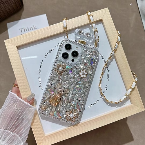 Handy Hülle Handyhüllen Für iPhone 16 15 14 Pro Max Plus 13 12 11 Pro Max Mini Rückseite mit Trageriemen Nicht vergilbend Bling Glitzer glänzend Blumendruck TPU Strass Image